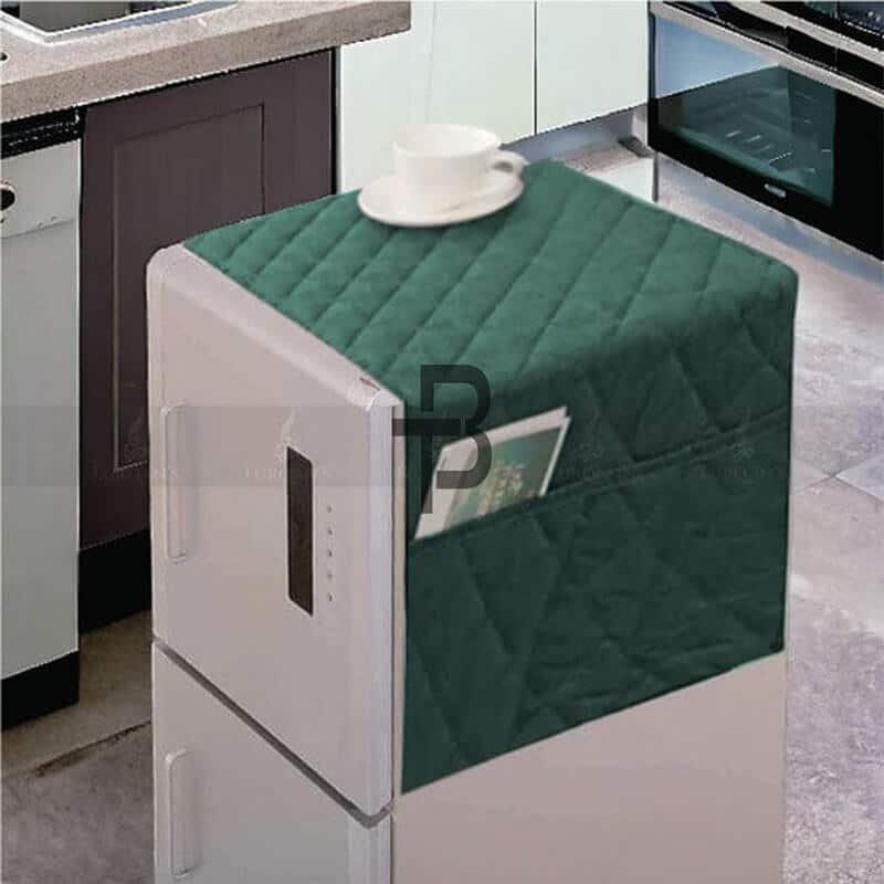 Green Color Quilted Refrigerator Cover With Side Pockets